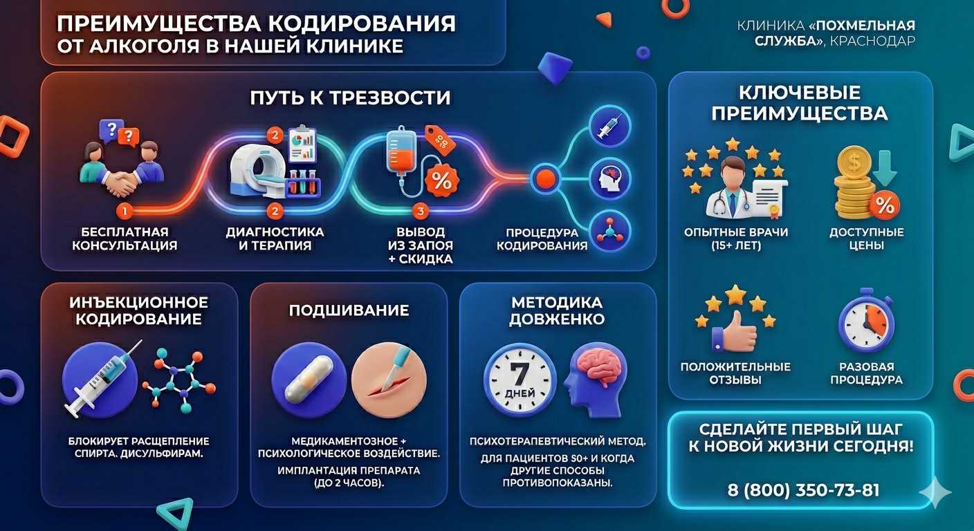 Инфографика о методах кодирования от алкоголя в Сычевке: инъекции, подшивание, метод Довженко. Преимущества клиники и этапы лечения.