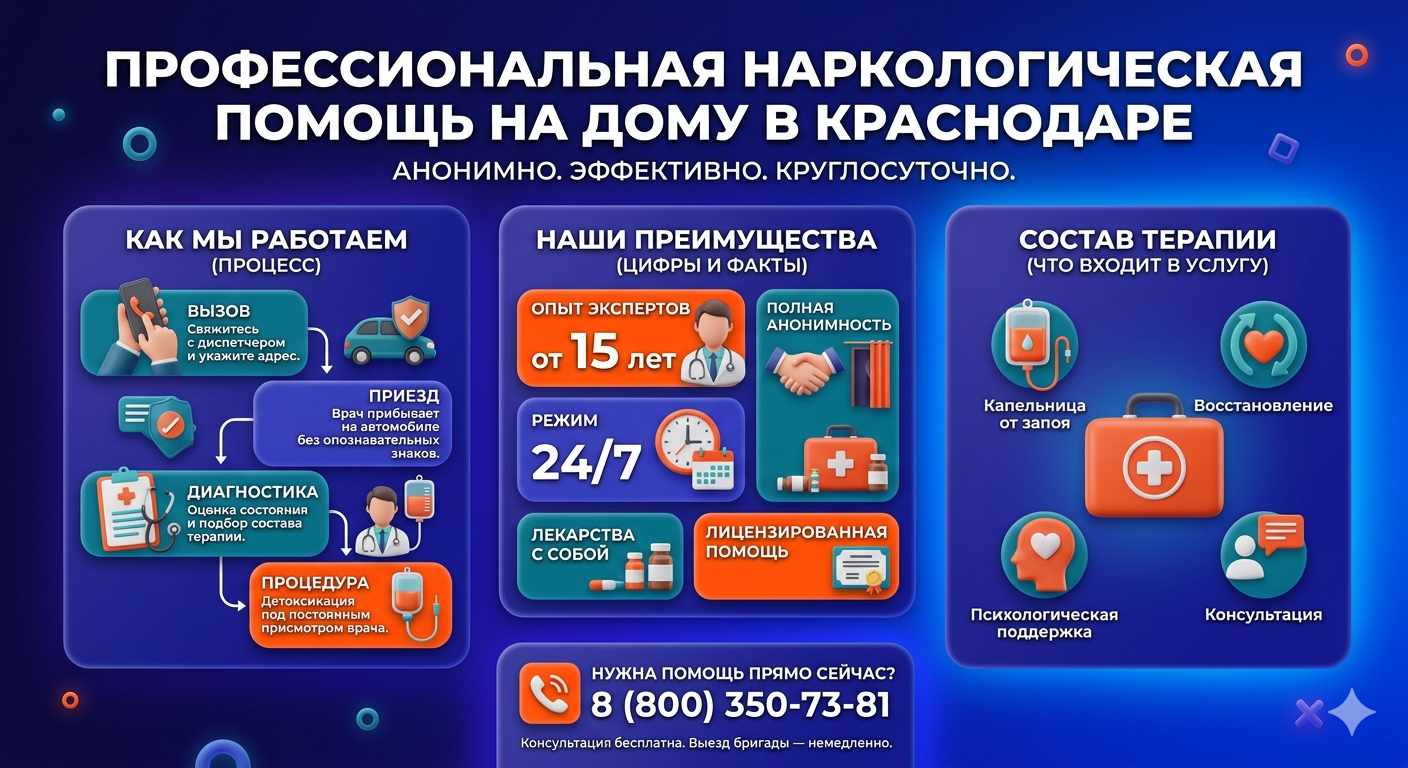 Инфографика о принципах лечения алкоголизма на дому в Сычевке: этапы вызова нарколога, преимущества анонимной детоксикации и состав медицинской помощи.